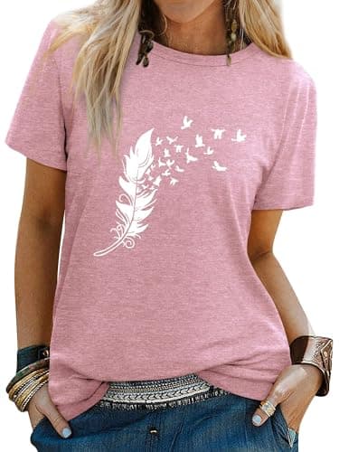 Image of Dresswel Women Peace Dove Feather Graphic Print T-Shirt Crew Neck Short Sleeve Tee Shirts Summer Tops(1-Brick Red,M)