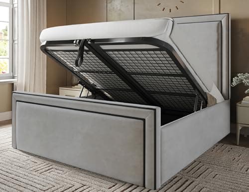 Image of Furnishion Imperial King Size Bed Frame with Storage, Modern Velvet Ottoman King Size Beds with storage, Luxury Frame with Metal Mesh Base & 48" Headboard, Storage Bed in Silver Plush