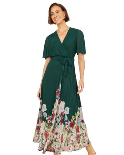 Image of Yumi Green Mesh Wrap Midi Dress with Floral Hem Border (UK, Numeric, 18, Regular, Regular, Green)