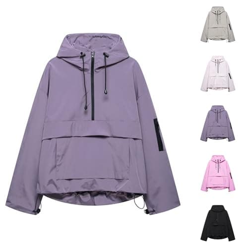 Image of Lightweight Waterproof Jackets Womens, Half Zip Raincoat Ladies Hiking Rain Jacket Hooded Waterproof Coat Windbreaker Casual Windproof Hoodies with Pockets Solid Color Rain Coat for Autumn Winter