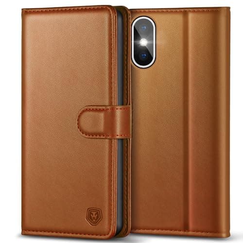 Image of Kuafcase Compatible for iPhone X/XS Case with 4 Card Slots Magnetic Closure Kickstand Shockproof Protective Phone Case Compatible for iPhone X/XS - Brown