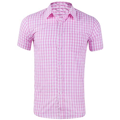 Image of Men's Casual Checkered Button Down Shirt Cotton Short Sleeve Gingham Dress Shirts Regular Fit for Pocket Business Formal Casual Shirt Work Check Shirts for Men UK Pink
