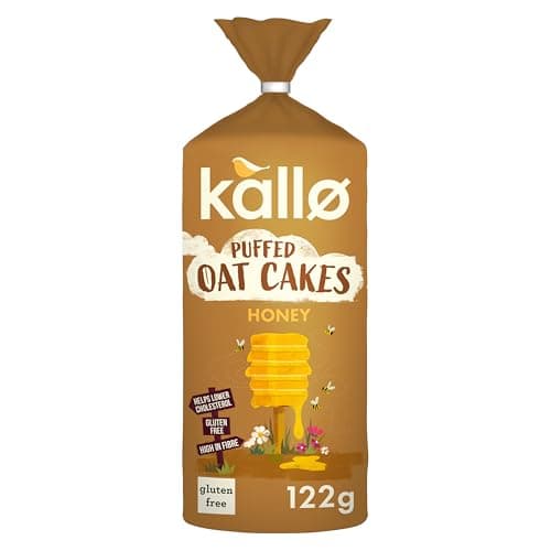 Image of Kallo Honey Puffed Oat Cakes – Gluten-Free, High in Fibre, Helps Lower Cholesterol, No Artificial Colours, Flavours or Preservatives, Vegetarian Friendly, 130g Pack
