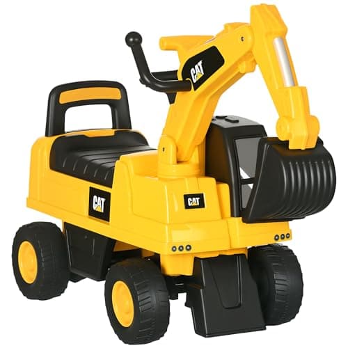 Image of HOMCOM CAT Licensed Kids Ride on Digger Toddler Pretend Construction Play Toy Foot-To-Floor Ride-On Toy w/Manual Shovel, Horn, Hidden Storage, for Ages 1-3 Years