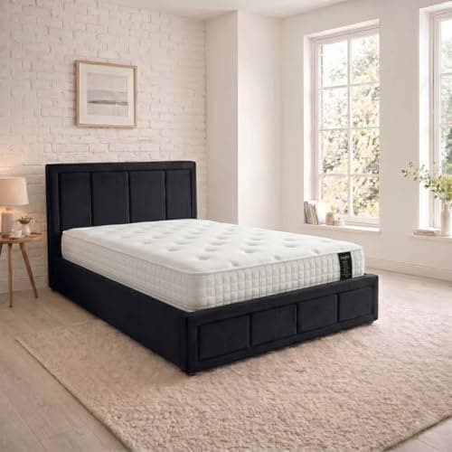 Image of SANA SLEEP Ottoman Bed with Mattress - Fabric Storage Upholstered Double Bed - Gas Lift Bed Base in Small Double King Super King Size - (4FT6 Plush Black)