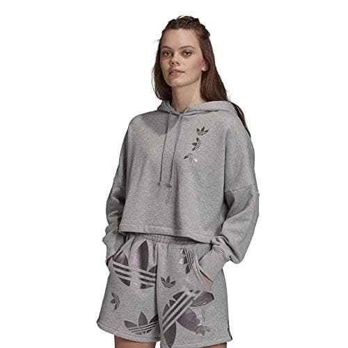 Image of adidas Originals Women's Large Logo Cropped Hoodie Medium Gray Heather/True Pink Small