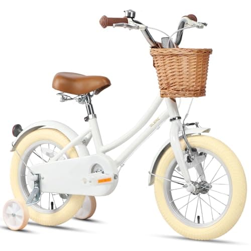 Image of Glerc 14 Inch Kids Girls Bike for 3 4 5 Years Old Little Girls Retro Vintage Style Bicycles with Basket Stabilisers,Stabilisers and Bell, Color White