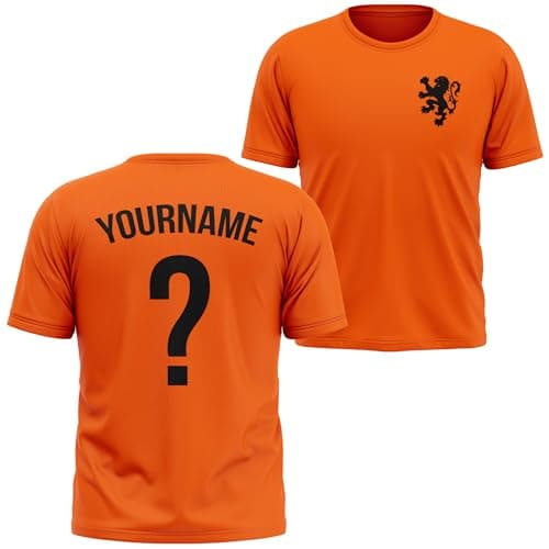 Image of Personalised Netherlands Lion Kids T Shirt Retro Holland Football Dutch Custom Name Number European Boys Girls Tee, 3-4 Years, Orange