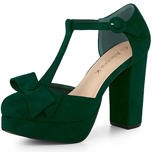 Image of Allegra K Women's Round Toe Block Heel T Strap Pumps Green 8 UK/Label Size 10 US