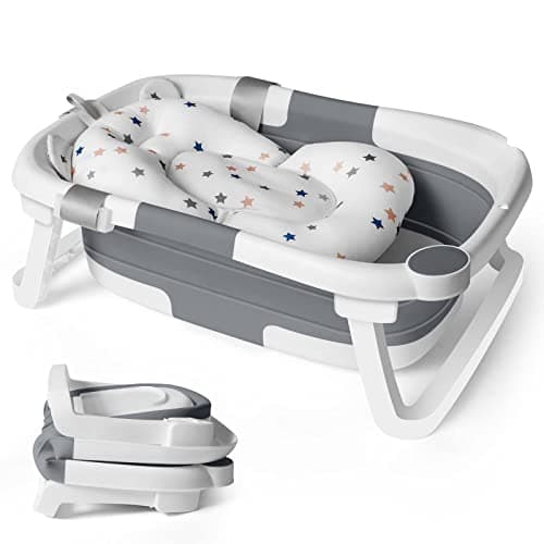 Image of Baby Bath Foldable Tub Collapsible Bathtub Baby Bath Essentials for Newborn with Seat Support Cushion Stand Folding Baths for Toddler 0-12 Months Travel Portable Infant Tubs Soft Bathing Kids Grey