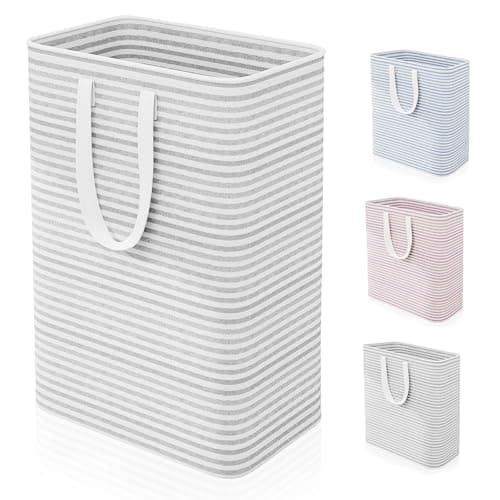 Image of Caroeas 80L Laundry Bin, Collapsible Laundry Basket for Easy Storage, Freestanding Washing Baskets for Dirty Clothes with Reinforced Long Handles, Waterproof Slim Laundry Hamper for Baby, Grey