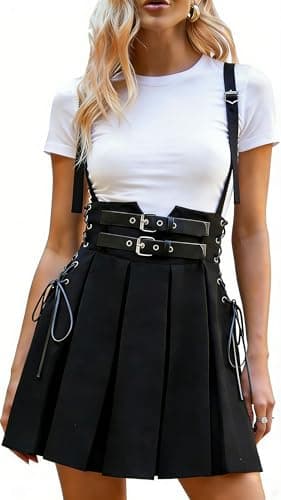 Image of DINGJIUYAN Punk Black Pleated Mini Skirt Goth Streetwear High Waist Buckle Lace Up Casual Short Skirts Large