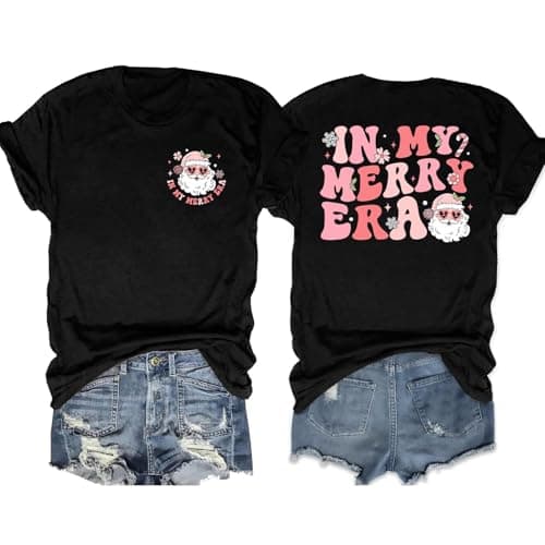 Image of VVNTY Christmas T Shirts Women Xmas Snowflake Print Shirt in My Merry Era Graphic Short Sleeve Tees (Black1,XXL)