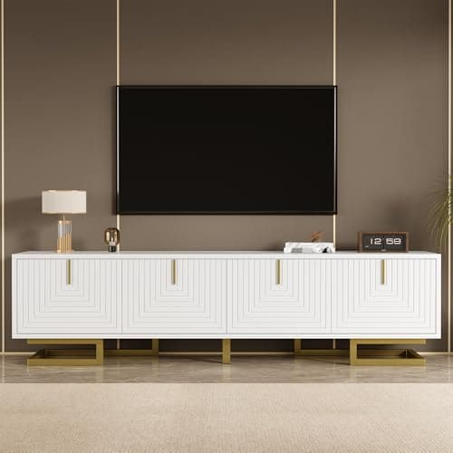Image of BTM TV Cabinet with Storage, White TV Stand with 4 Textured Doors, Golden Handles and Golden Legs, 160x38x44.5cm
