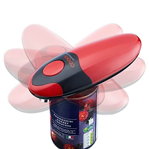 Image of Cooks Professional Electric Can Opener | Automatic Cordless Tin Opener for Arthritic & Arthritis Hands | Hands Free Operation Can Openers | One Touch Design (Red and Black)
