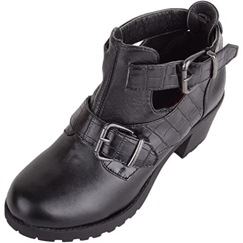 Image of ABSOLUTE FOOTWEAR Childrens Kids Juniors Girls Slip On Buckled Faux Leather Heeled School College Formal Smart Shoes - Black - UK 5 / EU 38