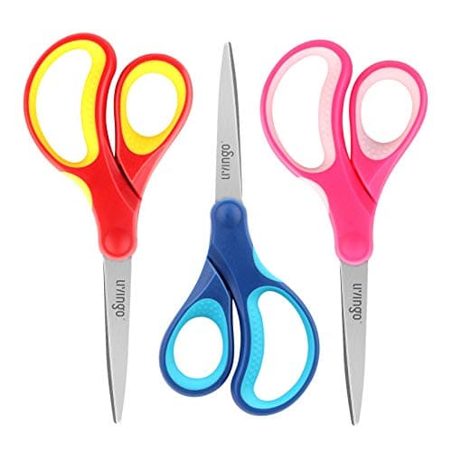 Image of LIVINGO 7" Left and Right Handed School Stationery Scissors, Sharp Stainless Steel Pointed Tip Blades Crafting Shears for Kids Childrens Students Adult Office Craft, Soft Touch, Assorted Color, 3 Pack