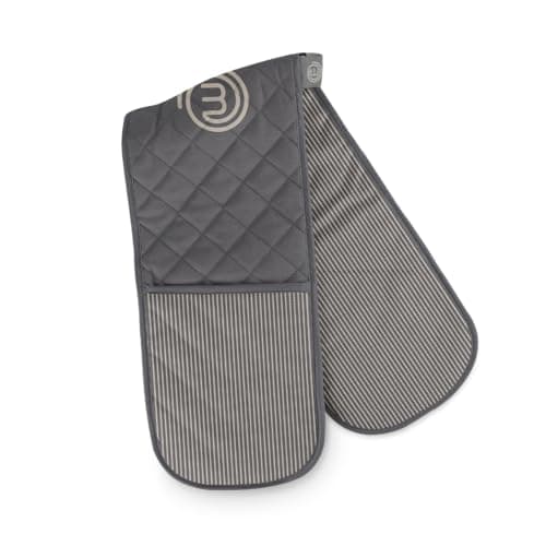 Image of MasterChef Oven Gloves Heat Resistant, Double Oven Gloves Made from Cotton with Official Show Logo & Hanging Loop, Attached Oven Mitts, Machine Washable, Heat Proof Pot Holders for the Kitchen, Earth