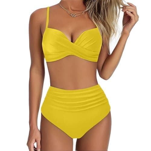 Image of Women's High Waisted Bikini Set 2 Pieces Tummy Control Push Up Swimsuit and Skirt Twist Front Bikini V Neck Sexy Swimming Costume Ladies Swimwear (B-Yellow, XL)