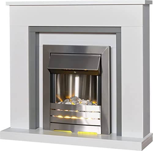 Image of Adam Milan Fireplace in Pure White & Grey with Helios Electric Fire in Brushed Steel, 39 Inch
