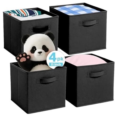 Image of Pinkgarden Storage Box, Collapsible Fabric Storage Cube with Handles for Home, Kids Room, Closet and Toy Organization,Pack of 4, 26.7 x 26.7 x 27.9 cm, Black
