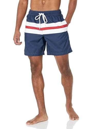 Image of Amazon Essentials Men's 7" Quick-Dry Swimming Trunks - Discontinued Colours, Navy Red White Stripes, S
