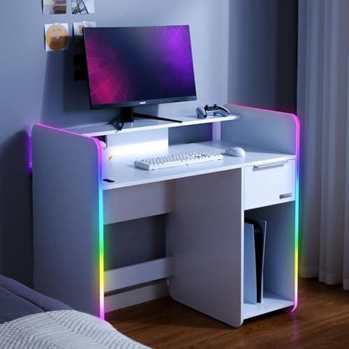 Image of X-Rocker Electra 110cm x 55cm, RGB LED Gaming Desk - Neo Motion™ Sync App-Controlled LED Lights, Built-In Drawer, PC Storage Shelf, Free Standing, Durable Wooden Frame for Kids & Teens - White