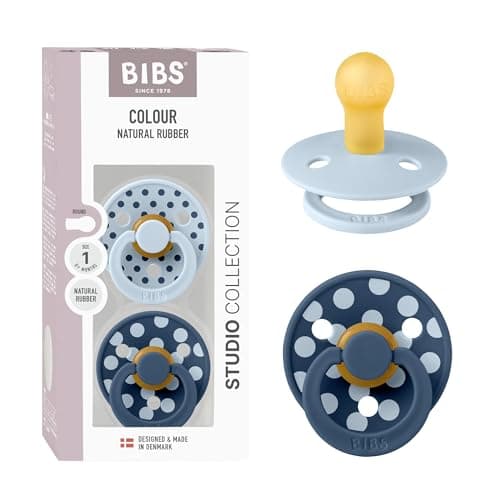 Image of BIBS Polka Dots Soother 2-Pack, BPA Free Dummy Pacifier, Round Nipple. Natural Rubber Latex, Made in Denmark, Size 1 (0-6 Months), Baby Blue/Steel Blue