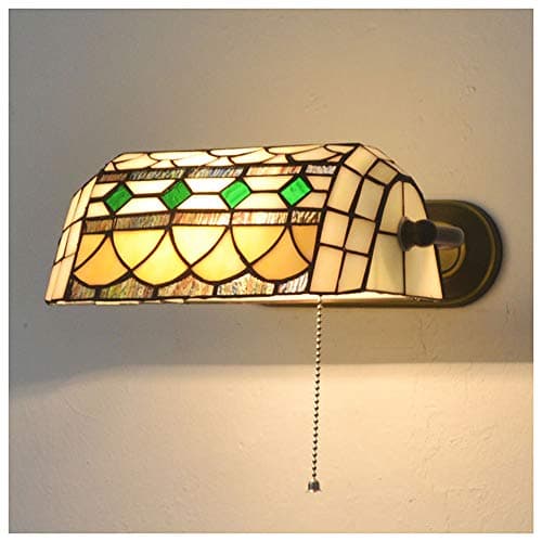 Image of Traditional Indoor Wall Light, Rustic Tiffany Style Wall Lamp Bedroom Bedside Reading Lamps with Pull Cord Switch 8.7 Inch Stained Glass Lampshade for Loft Living Room Study, E27 MAX 60W,Yellow
