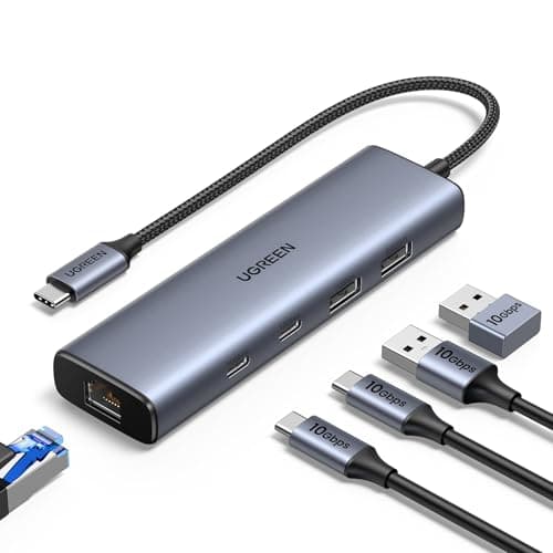 Image of UGREEN USB C Hub Ethernet, 10Gbps USB 3.2 Ethernet Adapter with 2 x USB-C Port, 2 x USB-A Port and 1x RJ45 Gigabit LAN Network Adaptor for Thunderbolt 3/Laptop/iPhone/iPad/Tablet/Switch/Steam Deck