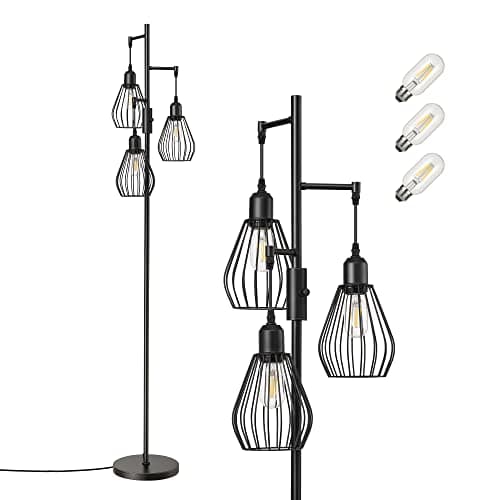 Image of EDISHINE Industrial Floor Lamp, Dimmable Standing Lamp with Wire Cage Lampshade, Floor Lamps for Living Room, Bedroom, E27 Sockets, 3 LED Bulbs Included, Black Metal,UHLFL03F1