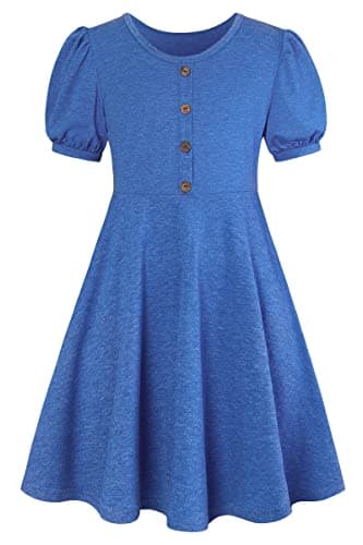 Image of SFreeBo Blue Dress for Girls 9-10 Kids Blue Dresses Girls Summer Short Sleeve Dress Girl 9-10 Casual Cotton Dresses