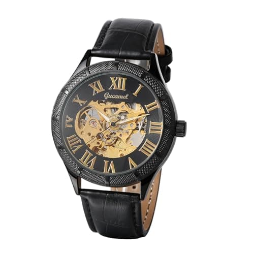 Image of JewelryWe Men's Automatic Mechanical Watch: Black Leather Strap Wristwatch with Easy-Read Analog Roman Numerals Dial and Luminous Hands for Business Casual Wear