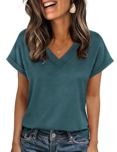 Image of Zeagoo Womens Tops V Neck T Shirts Ladies Short Sleeve Casual Summer Tshirt Solid Color Loose Tee Dark Green L
