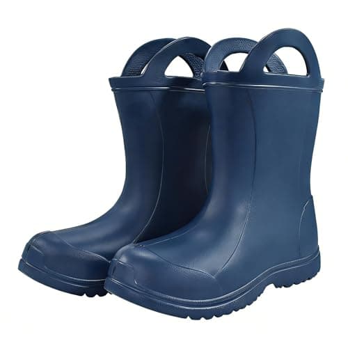 Image of Baiyouli EVA Wellies Boots Kids Unisex, Non-Slip Waterproof Wellington Shoes Toddler with Pull On Handles, Lightweight Rubber Rain Boots Children Mid Calf Outdoors, Navy Blue, 2.5 UK Big Kid