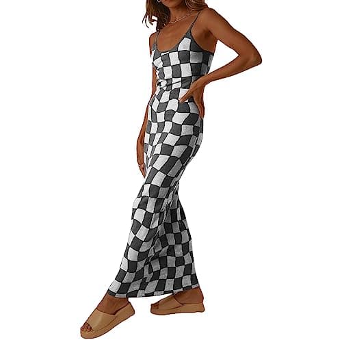 Image of Felcia Women's Spaghetti Strap Knit Long Dresses Sleeveless Checkerboard Print Bodycon Cami Dress Summer Party Cocktail Dress Streetwear (A-Grey, M)