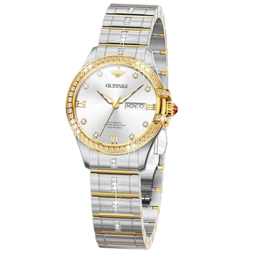 Image of OUPINKE Automatic Watches for Women Diamond Luxury Dress Self Winding Stainless Steel Sapphire Crystal Ceramic Ladies Watches, L3195:Two tone strap&white dial