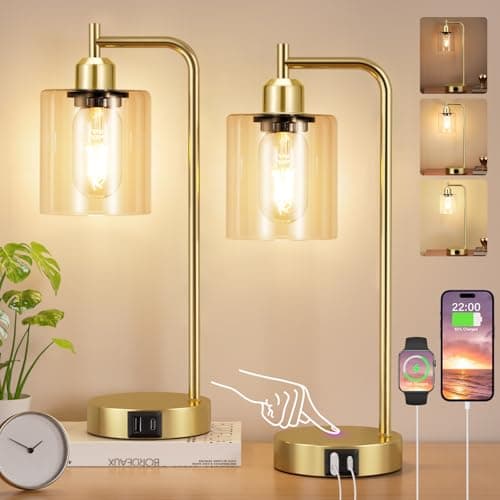 Image of Aooshine Industrial Touch Lamps Set of 2, Gold Bedside Lamps Set of 2 with Glass Shade for Bedroom(Bulbs Included)