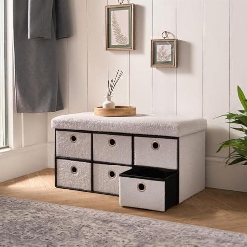Image of OHS 6 Cube Drawer Storage Chest of Drawers, White Boucle Foldable Fabric Storage Box with Metal Handle Soft Fleece Organizer Storage Unit For Shelves Closet Bedroom