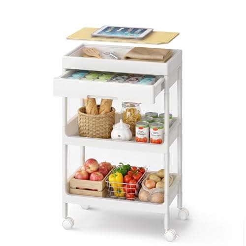 Image of SONGMICS 3-Tier Storage Trolley, Rolling Trolley on Wheels, Serving Utility Cart with Removable Tray, Drawer, and Plastic Shelves, Easy Assembly, for Kitchen, White and Golden Oak BSC069W101