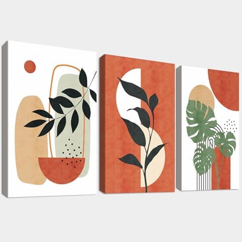 Image of 3Pcs Wooden Framed Boho Canvas Wall Art Orange Abstract Leaves And Sun Painting Canvas Prints Nordic Minimalist Geometric Picture for Living Room Bedroom Hallway Home Wall Decor 90x40cm(12"x16"x3pcs)