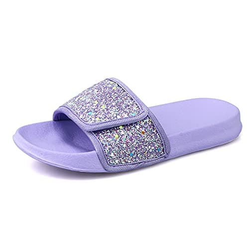 Image of ydscsci Girls Slide Sandals Glitter Sequins Pool Sliders Kids Shower Slippers Beach Flip Flops Hook and Loop Non-slip Thick sole Big Kid Purple Size 3.5 4