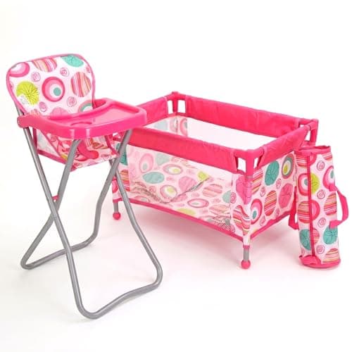 Image of BiBi Doll Travel High Chair & Cot Bed Set with Carry Bag, Feeding Tray & Bedding - Folding Nursery Furniture for Dolls up to 20" - Pink Patterned Baby Doll Accessories for Girls & Boys Aged 3+