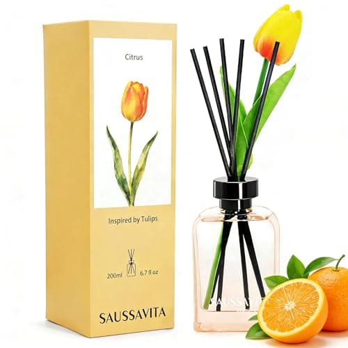 Image of Reed Diffuser Set Citrus Orange Blossom Scent with 10 Sticks & Tulip Flowers Decor, 200ml Diffusers Narrow Spaces for 120 Days, Home Fragrance Air Freshener Long Lasting for Bathroom Office