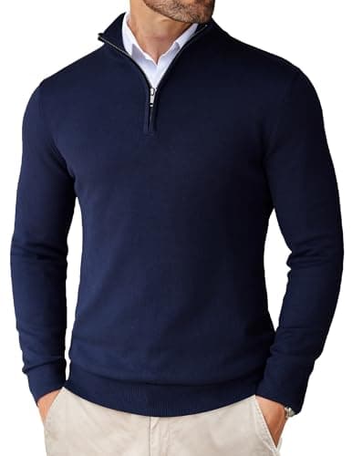 Image of COOFANDY Men's Quarter Zip Jumpers 1/4 Jumper Knitted Sweater Ribbed Jumpers for Men Warm Winter Pullover Thermal Dark Blue S