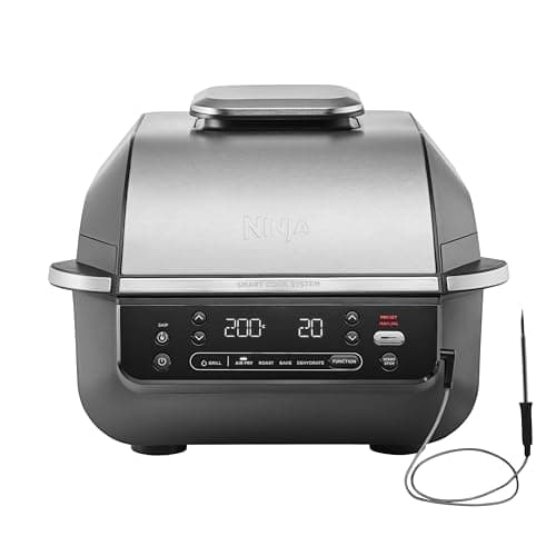 Image of Ninja 5-in-1 Indoor Grill & Air Fryer, 5 Cooking Functions, Make Up to 4 Burgers, 5.7L capacity, Low Smoke, Includes Digital Meat Thermometer, Black/Silver, EG351UK