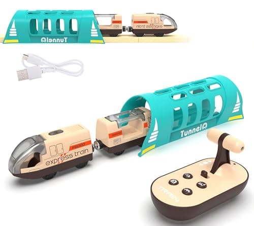Image of Electric Trains for Wooden Track, Remote Control Train Toy, Motorized Train and Tunnel with Voice & Lights Effect, Battery Operated Train Set Compatible with Thomas, Brio, Chuggington