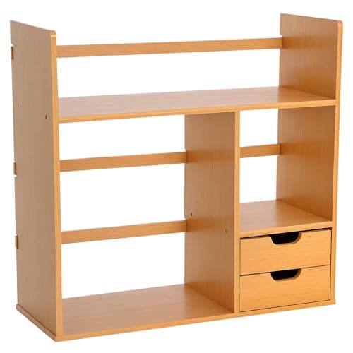 Image of HOMCOM Desk Organiser Compartments Desktop Bookshelf Stationery Storage Shelf Document File Holder with 2 Drawers 2-way Reversed Use Bamboo