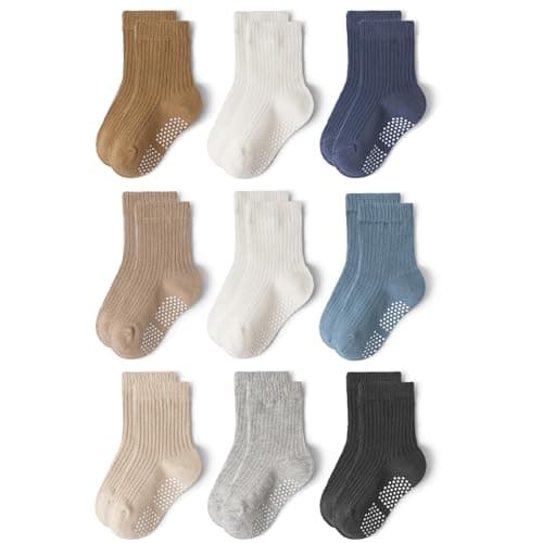 Image of Bearbay 9 Pairs Toddler Non Slip Cotton Crew Socks with Anti-slip Dots for Infant Baby Boys Girls Plain Blue