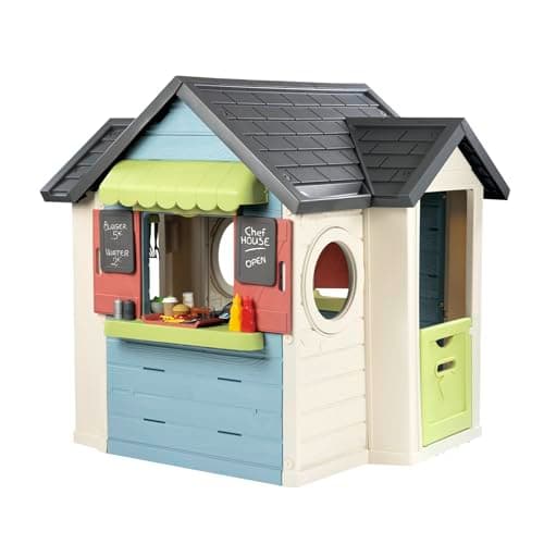 Image of SMOBY LIFE CHEF HOUSE PLAYHOUSE, 1.3M TALL, OPEN WINDOW, DOOR WITH ACCESSORIES. Indoor/outdoor sustainable play with 66% recycled material